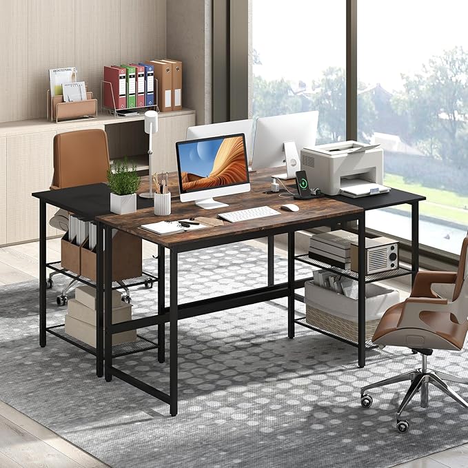 Computer Desk 59’’ Gaming Desk w/Storage Shelves &amp Power Outlet Wood Office Table w/Steel Frame &amp Adjustable Feet Large Writing Desk for Bedroom Study Home Office (Rustic Brown 59''W)