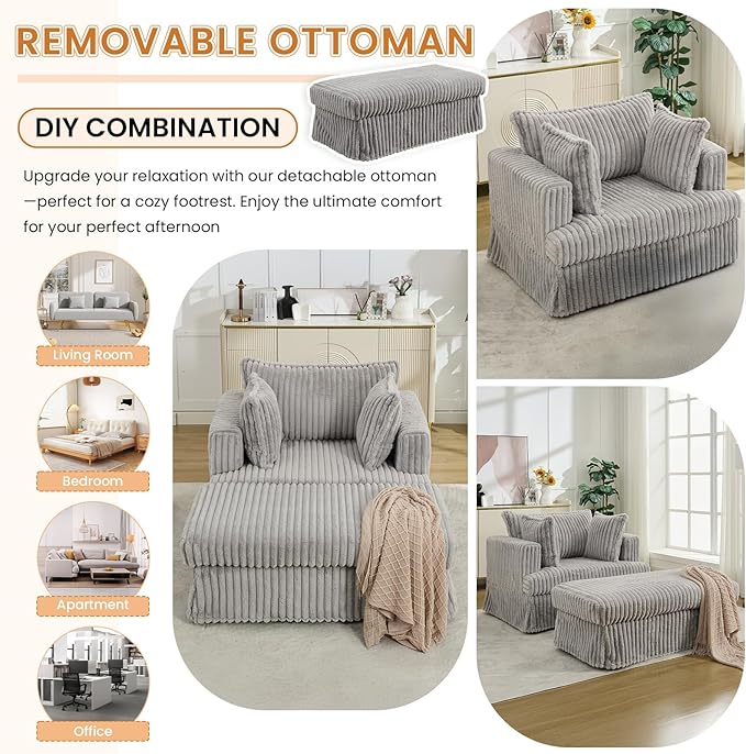 Oversized Chaise Longue IndoorComfy Upholstered Tufted Corduroy Single Sofa Couch Leisure Chair with 3 PillowDeep Seat Reclining Sleeper Sofa Chair for Living RoomBedroomOffice (Light Gray)