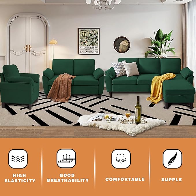 4 Piece Convertible Sectional Sofa Set Modern Linen Small L Shaped Couch with Reversible Chaise 3-Seater Sofa &amp Loveseat &amp Armchair for Living Room Office Apartment Green