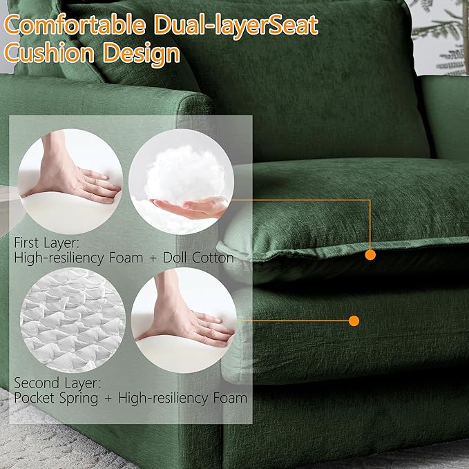 146.5 Chenille Modular Sectional Sofa Comfy Cloud Couch Sectional Sofa Modern 4 Seat Deep Seat Couch for Living Room Bedroom Apartment (Green 146.5Inch-U Shape)