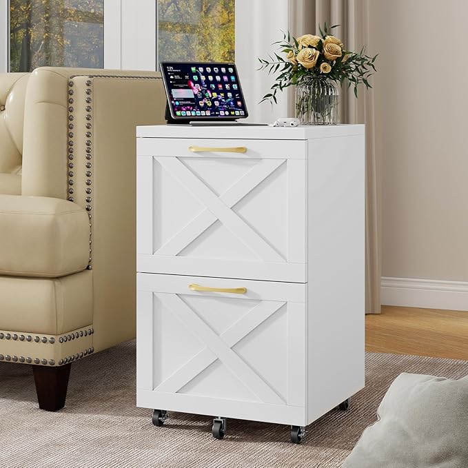 Vabches Farmhouse File Cabinet with 2 Drawers Modern White