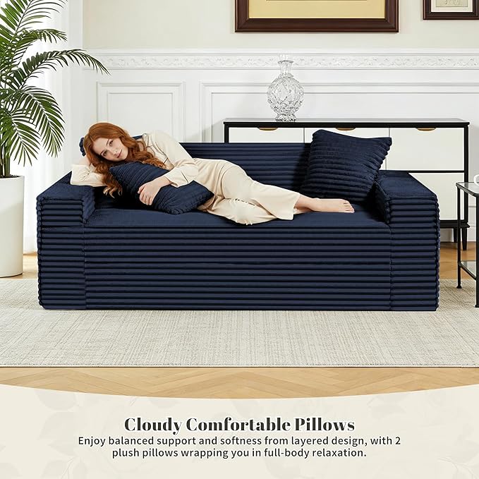 75 Cloud Loveseat Sofa 26 Deep Seat Boneless Couches for Living Room Modern 3 Seater Sofa with Throw Pillows Corduroy Compression Sofa in Box No Assembly Couch for Bedroom Dorm Dark Blue