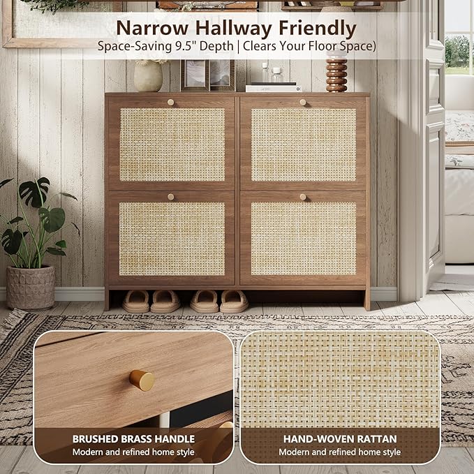 Nicetree Shoe Cabinet Storage for Entryway 4-Flip Drawer Narrow Shoe Rack Organic Modern Rattan Shoe Organizer with Gold Legs Shoe Organizer Fits Men's Size 13.5 Toasted Caramel Walnut