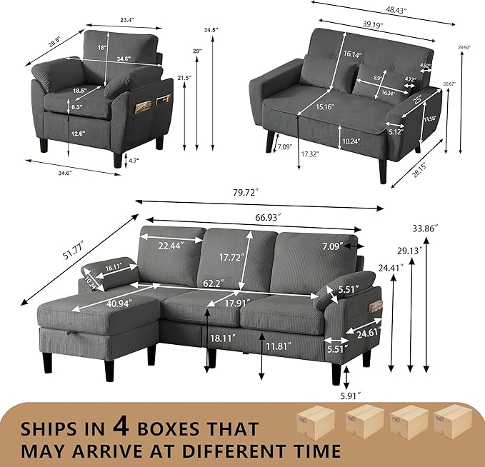 4 Pieces Corduroy Living Room Sets with Sofa Ottoman Loveseat and Chair