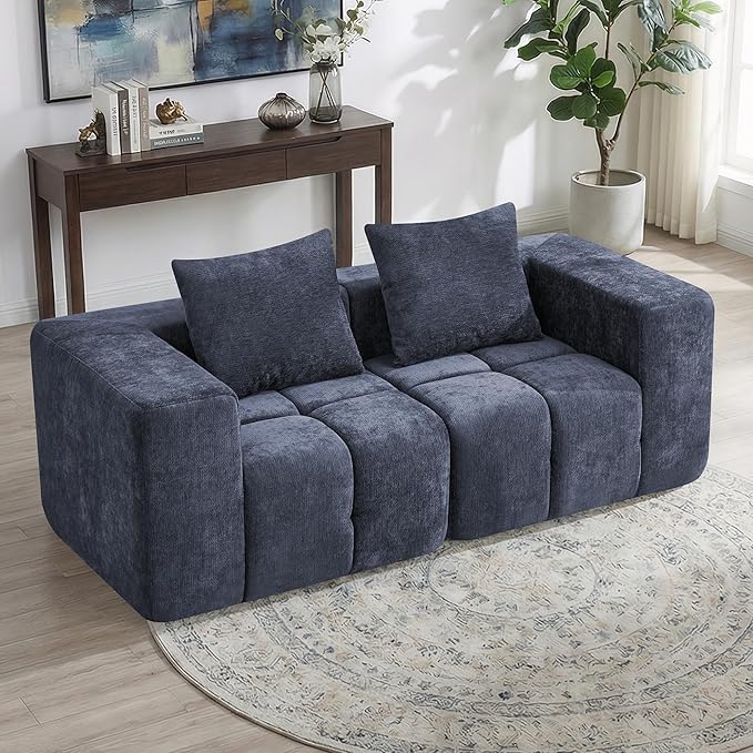 78.7 Boneless Modular Sectional Loveseat Tufted Cloud Couch with Deep Seat Chenille Sofa for Living Room Compressed Sofa No Assembly Required Blue