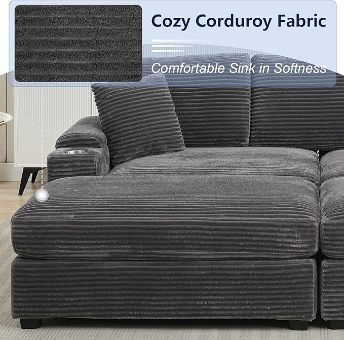 86.6 Sectional Sofa Couch with 2 Ottomans Comfy Corduroy Upholstered Cloud Modular Convertible Couch with Cup Holders and USB Armrest Storage Deep Seat Oversized Loveseat for Living Room Grey