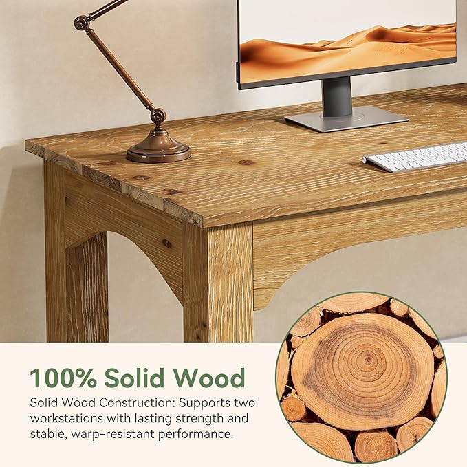 Solid Wood 2-Person Desk 79-Inch Extra Long Desk Double Computer Writing Table Farmhouse Large Table Writing Workstation for Home Office Natural Brown