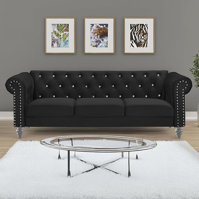 New Classic Furniture Glam Emma Velvet Three Seater Chesterfield Style Sofa for Small Spaces with Crystal Button Tufts Black