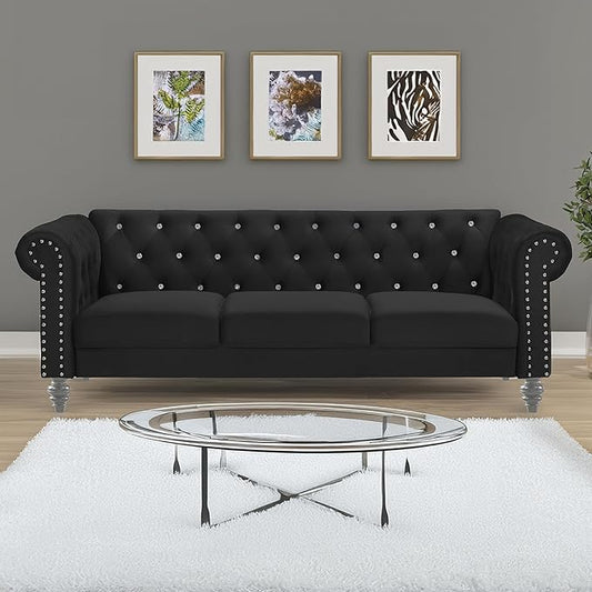New Classic Furniture Glam Emma Velvet Three Seater Chesterfield Style Sofa for Small Spaces with Crystal Button Tufts Black