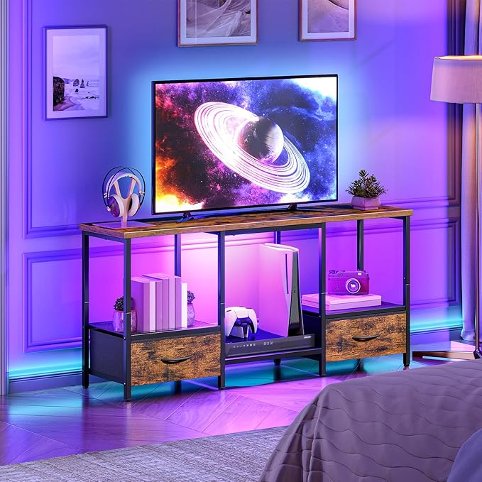 HOOBRO LED TV Stand with Storage LED Entertainment Center with Open Shelves and Drawer Fits TVs up to 55 Television Stand for Living Room Bedroom Rustic Brown and Black BF123DDS01G1