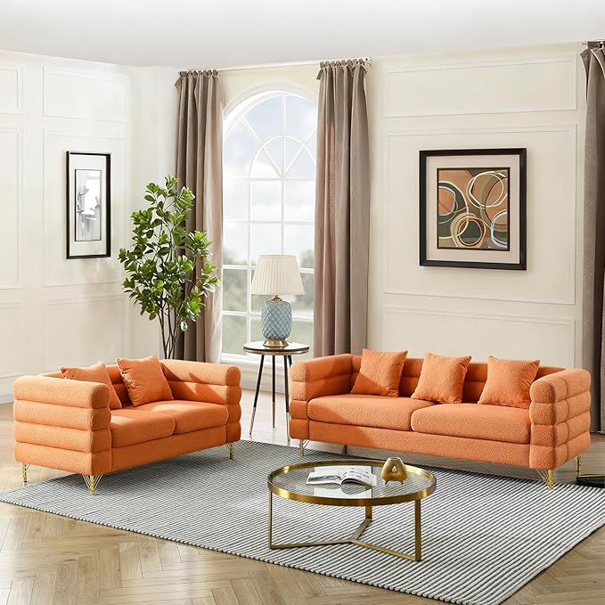 Loveseat Modern Sofa 81+60 Teddy Boucle Comfy Cloud Couch Upholstered Deep 5 Seater Sherpa Couch Set with Stylish Metal Legs for Living Room Home Office Bedroom Apartment Orange
