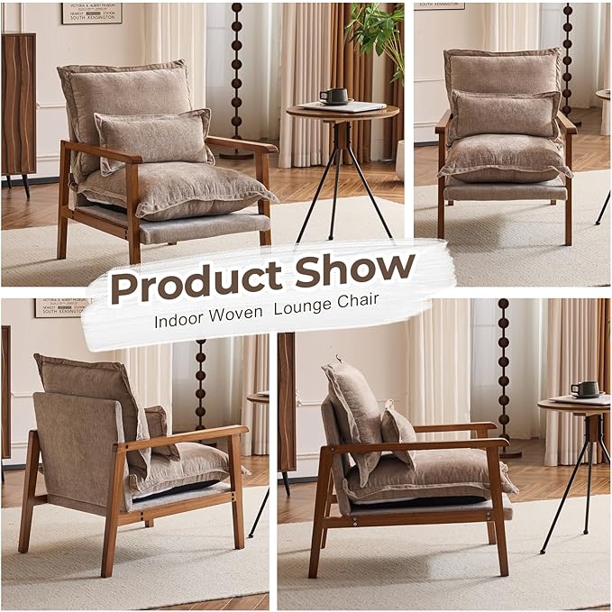 Karl home Plush Chenille Accent Chair with Lumbar Pillow &amp Ruffled Design Cozy Lounge Chair for Living Room Bedroom Reading Corner Khaki