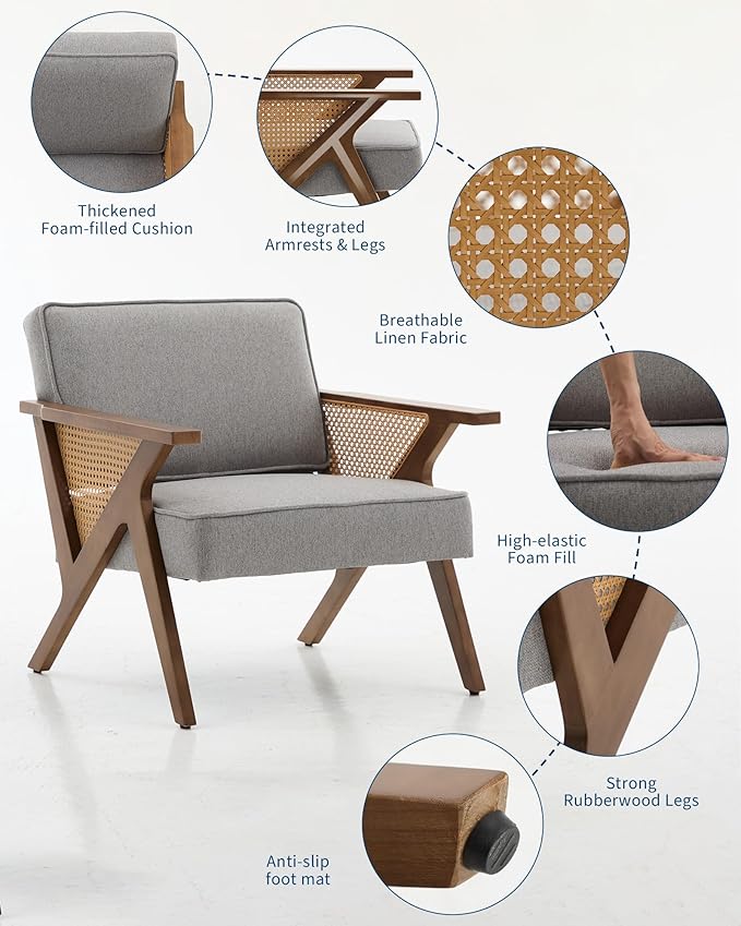 GarveeHome Linen Accent Chairs Mid-Century Modern Armchair with Wood Legs for Living Room Bedroom Waiting Room