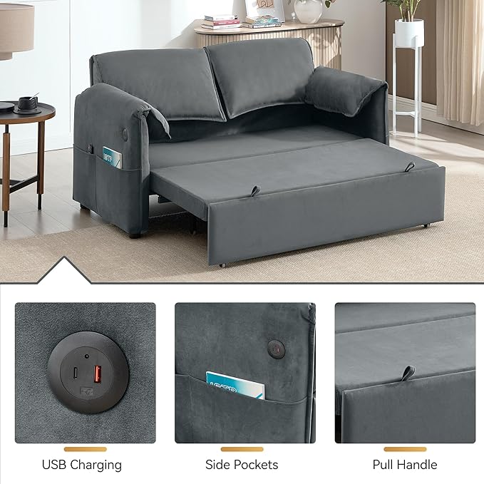 63 Velvet Pull Out Sofa Bed 3-in-1 Convertible Futon Loveseat Queen Sleeper Sofa Couch Bed with Adjustable Backrest USB Ports &amp Side Pockets Modern Sofas for Living Room Apartment Light Grey
