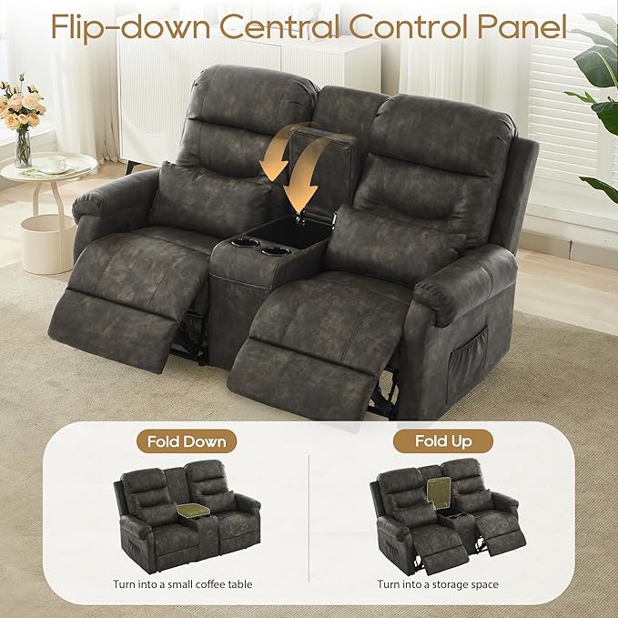 DRMBOOK RV Loveseat Recliner Sofa with Console Faux Leather Double Wall Hugger Reclining Couch Manual Home Movie Seating 2 Person Recliner Chair with Cup Holders/Storage/Pocket/Pillow Black&ampGrey
