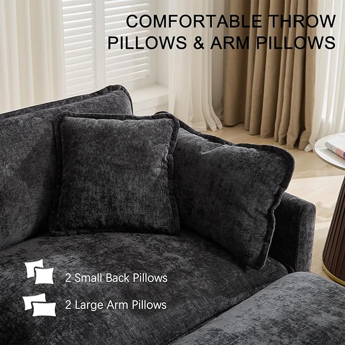 76.7” Modular Sectional Sofa Convertible Couches 2 Seater Chenille Deep Seat Cloud Couch Loveseat with Pillows for Living Room Apartment Office(Black)
