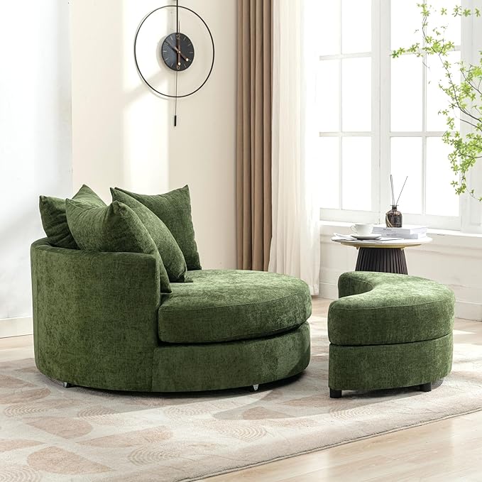 ERYE Oversized Round Accent Barrel Chair with Storage Ottoman and 360 Swivel Base Modern Chenille Upholstered Leisure Recliner Armchair for Living Room Bedroom