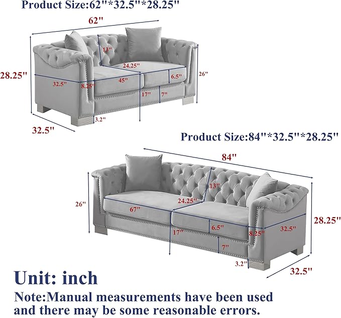 2 Pieces Chesterfield Sofa Set Tufted Velvet Couch with Rolled Arms Mid Century Modern Couch and Loveseat Sets with Nailhead Trim&ampGold Legs Comfy Deep Seat Couches Living Room Furniture (Black)