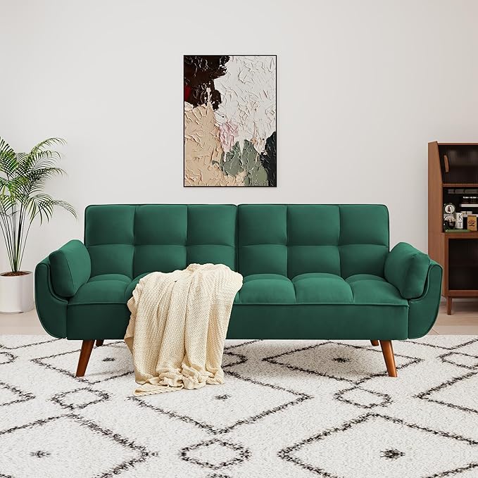 75 Convertible Futon Sofa Bed Sleeper Couch Bed with Adjustable Backrest Small Couches for Small Spaces Living Room Bedroom and Office (Green)