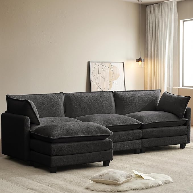 ROWHY 112'' Modular Sectional Cloud Couch with Movable Ottoman 4 Seat Modern Chenille Sofa with 2 Throw Pillows Deep Seat L Shaped Couch for Living Room Bedroom Apartment Dark Grey | Arrange Freedo