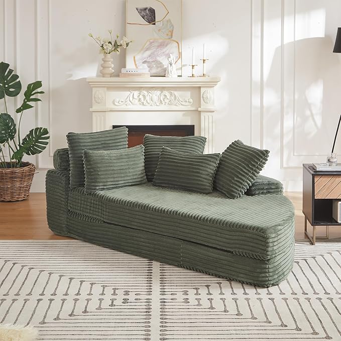 Curved Convertible Futon Sleeper Sofa Bed 78.5 Boneless Couch with Pull-Out Bed Corduroy Semi-Circular Foldable Floor Mattress for Living Room No Assembly Required Right Curved Green