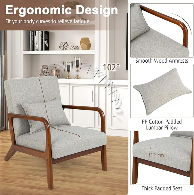 GORELAX Mid Century Modern Accent Chair Upholstered Lounge Armchair with Wood Frame &amp Lumbar Pillow Comfy Reading Chair for Living Room Bedroom Office (2 Grey)