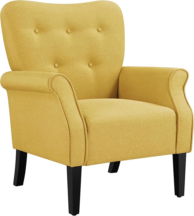 Yaheetech Modern Armchair Mid Century Accent Sofa Chair with Sturdy Wood Legs and High Back Upholstered Fabric Sofa Club Chair for Living Room/Bedroom/Office Yellow