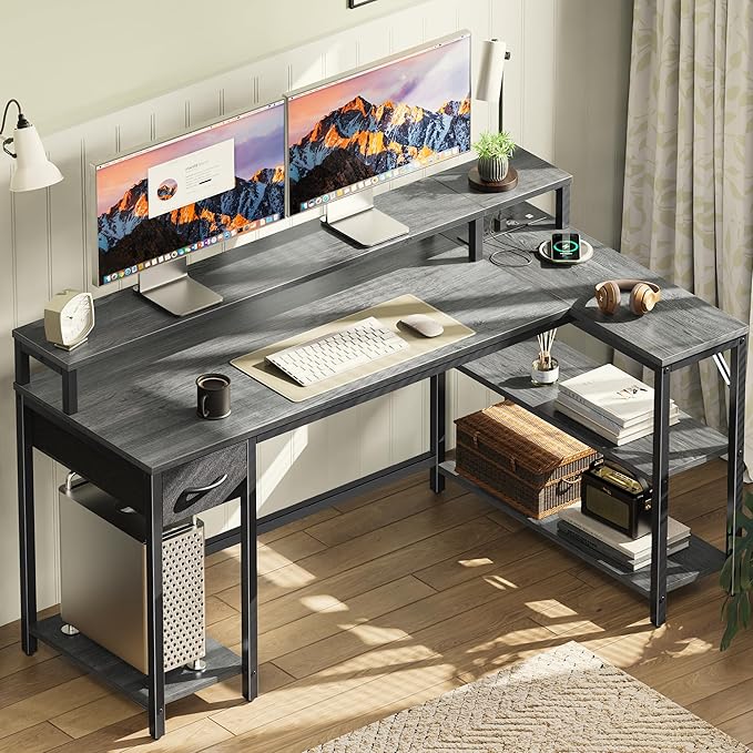 SUPERJARE 53 inch Reversible L Shaped Desk with LED Lights &amp Power Outlets Computer Desk with Shelves &amp Monitor Stand Gaming Desk with Drawer Home Office Desk Corner Desk Grey