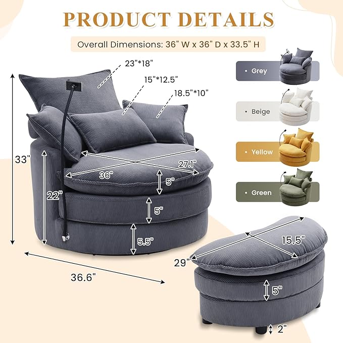 Swivel Barrel Accent Sofa Chair with Phone Holder &amp Storage Ottoman 360 Degree Modern Comfy Corduroy Oversized Leisure Chaise Lounge Arm Chair for Nursery Living Room Hotel Bedroom Office Gr