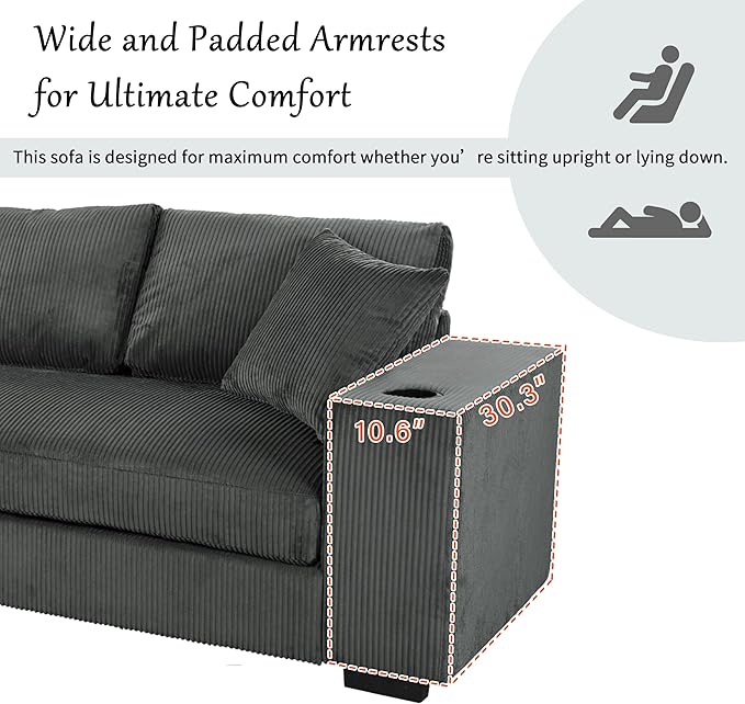 Ball &amp Cast Oversized L-Shaped Sectional Sofa with ChaiseLarge Comfy Upholstered Couch W/Thick CushionBuilt-in Cup Holders &amp Charging PortsWide &amp Thick Armrests &amp Seat Designfor Li