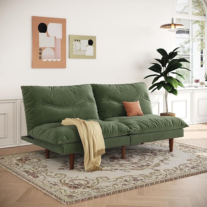 LLappuil Futon Sofa Bed 69 inch Futon Couch with Adjustable Backrest Corduroy Convertible Sleeper Sofa Bed Folding Sleeper Recliner Loveseat for Apartment Living Room Office (Green)