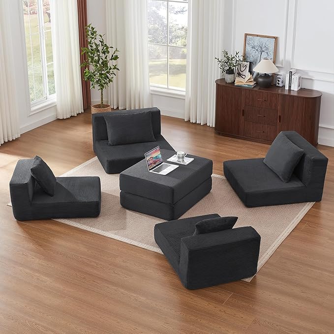 Modular Loveseat L Shaped SofaBoneless Cloud Couch with Ottoman (Deep Gray) | Freely Combination No Assemble Required Modular Design Breathable Fabric Convertible to Bed Futon Bed