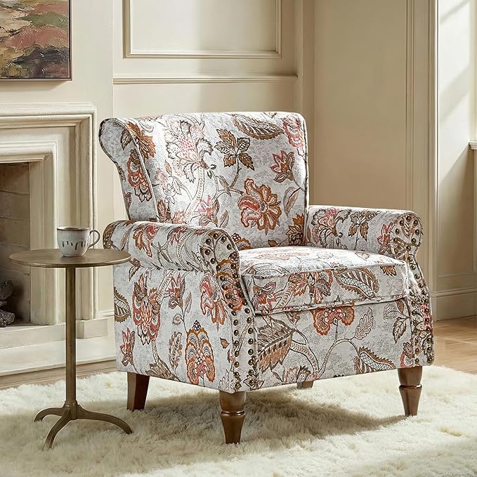 Wingback Accent Chair with Wood Legs Modern Comfy Upholstered Armchair with Removable Cushion and Nailhead Trim Floral Pattern Single Sofa Reading Chair for Living Room Bedroom