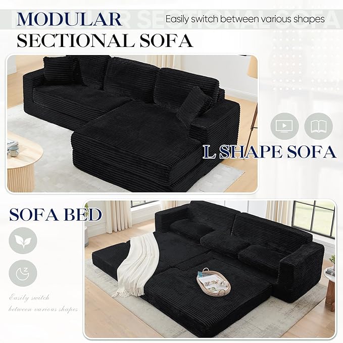 112.6” Modular Sectional Sofa Oversized Cloud L Shaped Couch Comfy Upholstered Corduroy Compressed Sofa with Right Facing Chaise and Wide Arms Fluffy Boneless Sofa Bed for Living Room Office Black