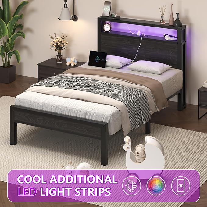 Twin Size Bed Frame with LED Lights and Charging Station Wood Storage Headboard with 2-Tier Shelves Heavy Duty Metal Slats No Box Spring Need Noise Free Easy Assembly Black
