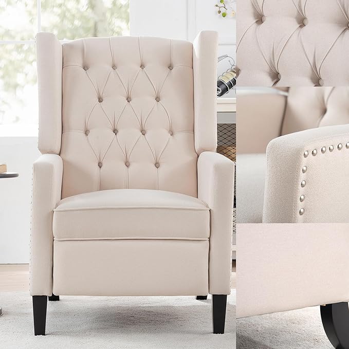 Pushback ReclinerComfortable Wingback Recliner Sofa Chair with Adjustable Backrest Tufted Fabric Upholstered Armchair Retro Rivets Decorated for Living Room Bedroom Office Home Theater (White)