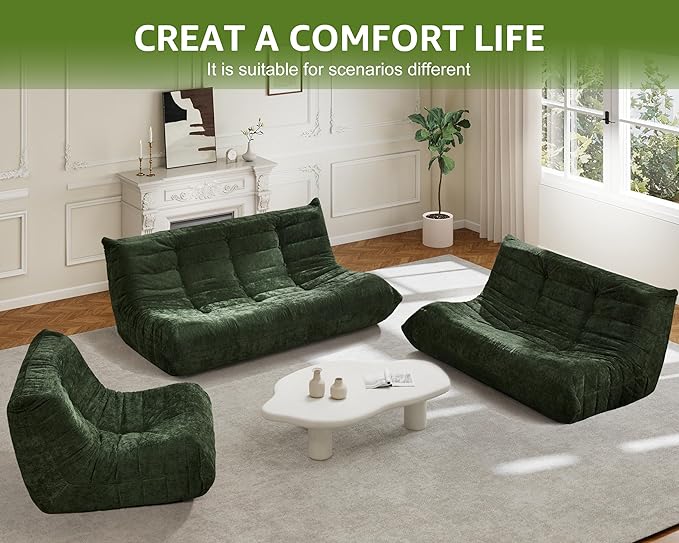 Bean Bag Chairs for Adults Giant Bean Bag Chair Memory Foam BeanBag Chair Bean Bag Sofa with Filler Faux Fur Fireside Beanbags Lazy Sofa for Living Room Bedroom Office (Green Chenille Loveseat)