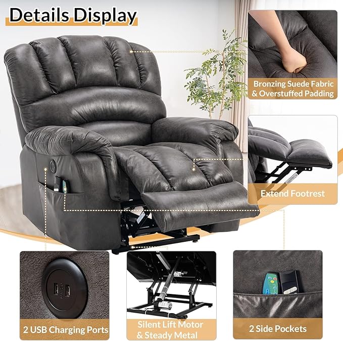 Lay Flat Sleeping Dual OKIN Motor Electric Lift Recliner with Heat Massage for Big Man Large Infinite Position Reclining Chair Up to 350 LBS for Living Room 2 Remote Controls Grey