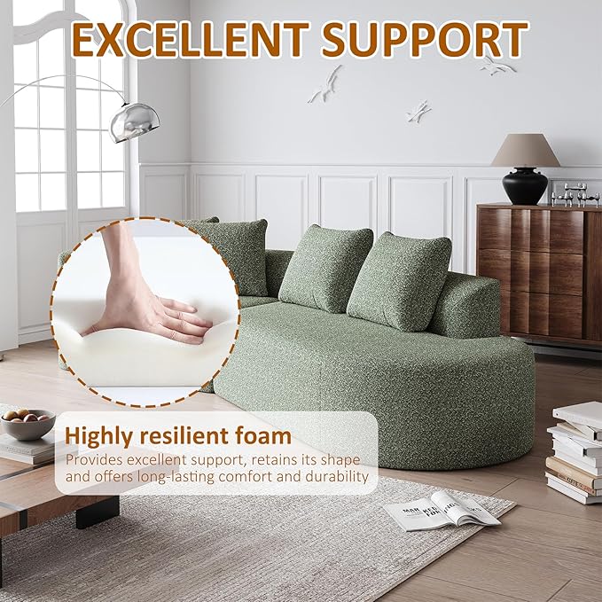 112-inch Curved Sofa Modular Sectional Modern Oversized Chenille Cloud Memory Foam Compression Boneless Sofa Couch with 4 Pillows for Living Room Bedroom Office Right Facing Chaise Green