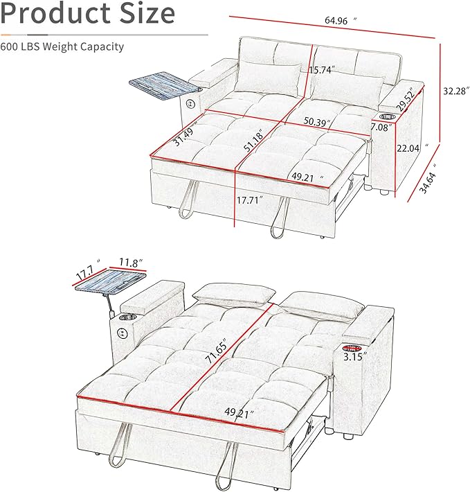 65 Cloud Couch Sleeper Sofa Bed with USB Charging Port &amp Side Pocket Chenille Fabric Pull-Out Sofa with Thick Cushions High Resilience Foam &amp Pillows for Living Room Apartment Small Space