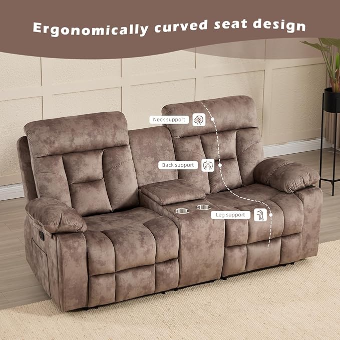 CANMOV Loveseat Recliner Manual Recliner Sofa Chair for Living Room Reclining Sofa with Storage ConsoleHidden Cup Holders 2 Seat Camel-Brown