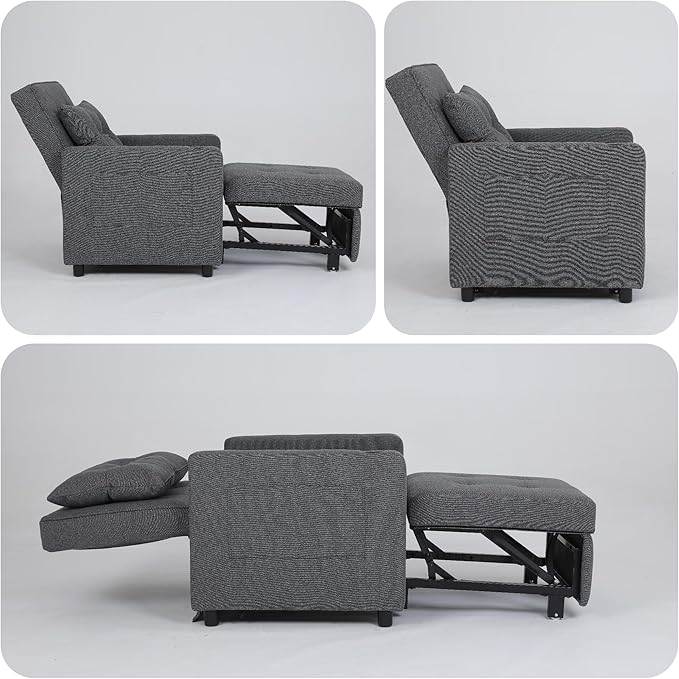 3-in-1 Convertible Sleeper Chair Sleeper Sofa Bed with USB Ports Lazy Sofa Bed with Side Pocket Recliner Chair with Adjustable Backrest for Living Room Apartment Dorm or Office Grey