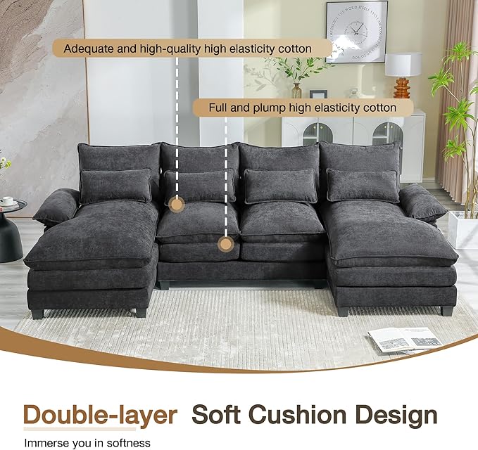MELLCOM 110.2 U Shaped Cloud Couches Modular Sectional Sofa for Living Room Modern Deep Seat Sofa 4 Seater Chenille Comfy Cloud Couch with Double Chaise &amp Throw Pillows Grey