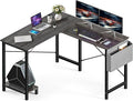 50-Inch Grey L-Shaped Wooden Tabletop Home Office Desk with Reversible Corner and Metal Frame Including Main Stand and Side Pocket for Gaming Working and Studying