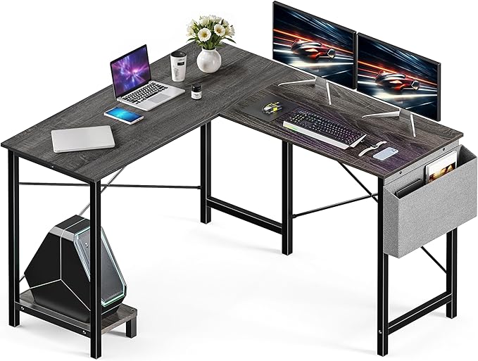 50-Inch Grey L-Shaped Wooden Tabletop Home Office Desk with Reversible Corner and Metal Frame Including Main Stand and Side Pocket for Gaming Working and Studying