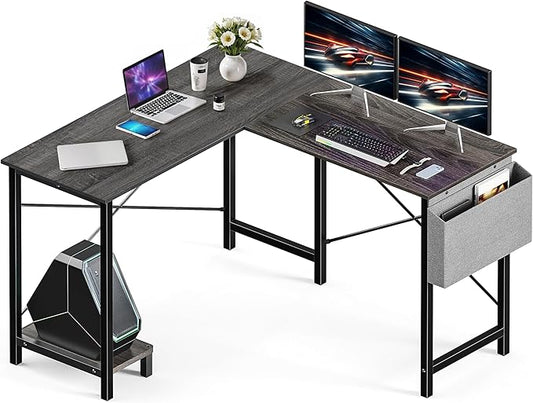 L Shaped Desk Gaming Computer 50 Inch Reversible Corner Table PC for Writing Study Student with Wood Tabletop Metal Frame CPU Stand Side Bag for Home Office Small Place Grey