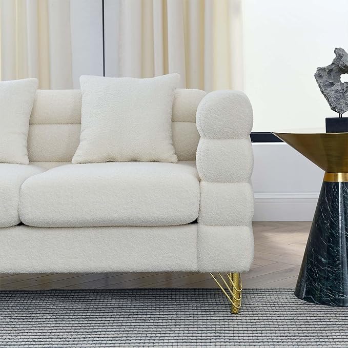 Antetek 81-inch Couches for Living Room Modern Teddy Fabric Upholstered Sofa Couch with Square Arm and 4 Golden Metal Legs for Living Room Office Apartment White