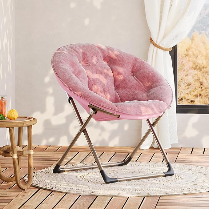 GAOMON Saucer Chair Comfy Chair Faux Fur Lounge Moon Chair with Folding Metal Frame Oversized Plush Flower Accent Seat for Adults Teens &amp Kids for Teens Bedroom Dorm or Living Room Rose Pin