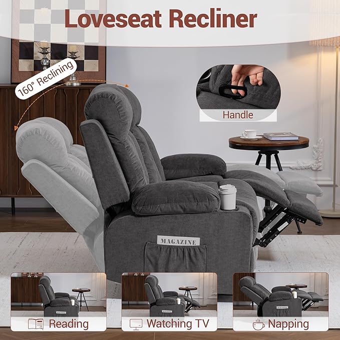 2 Seater Manual Reclining Loveseat Chair with Cup Holders 160° Wide Recline &amp Memory Foam Cushion Comfy Recliner Couch with Storage Pockets for Living Room Home Theater Office Grey