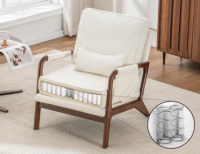 Mid Century Modern Accent Chair with Triangular Raising PadUpholstered Armchair with Solid Wood Frame &amp Soft Cushion for Living RoomBedroomBelconySunroomBeige